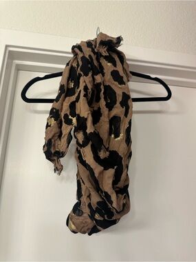 Express Brown and Black Leopard Print Scarf with Gold Threads